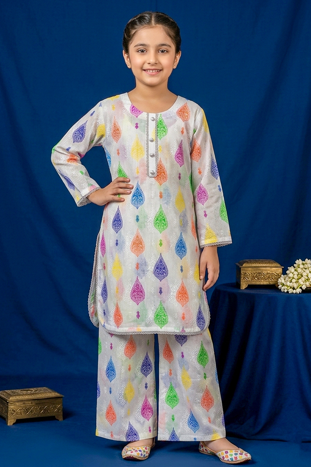 White With Multicolor Print Embroidered Cotton Jacquard Short Kurta for Girls