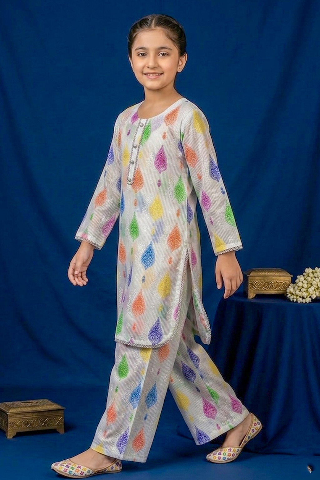 White With Multicolor Print Embroidered Cotton Jacquard Short Kurta for Girls