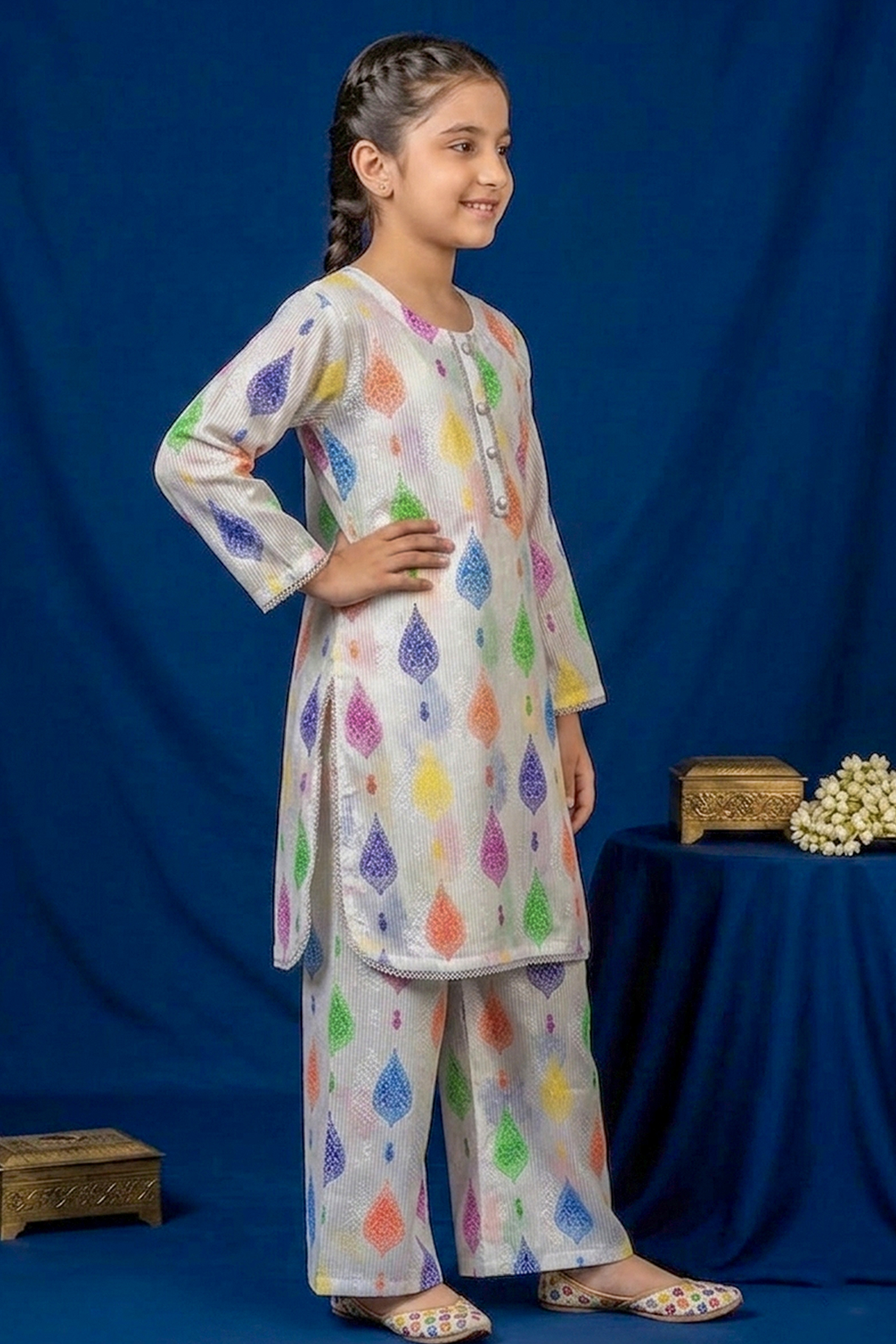 White With Multicolor Print Embroidered Cotton Jacquard Short Kurta for Girls