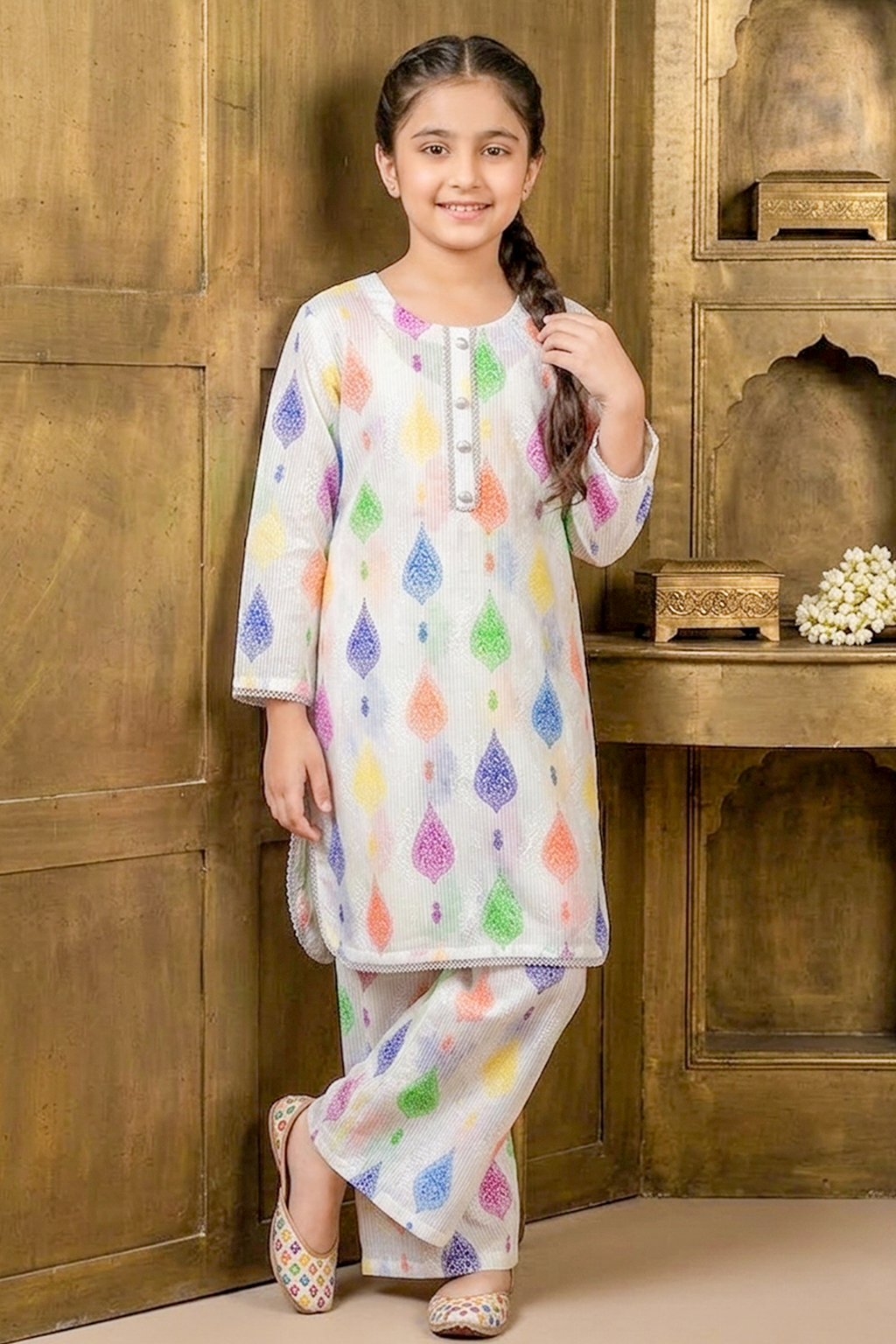 White With Multicolor Print Embroidered Cotton Jacquard Short Kurta for Girls