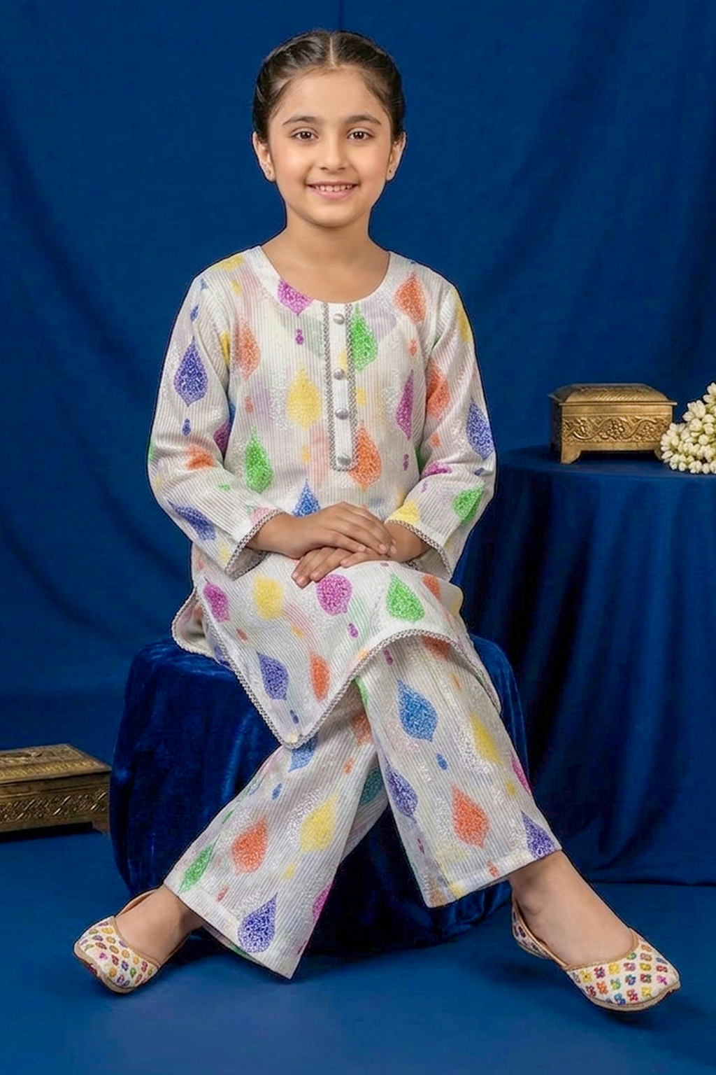 White With Multicolor Print Embroidered Cotton Jacquard Short Kurta for Girls
