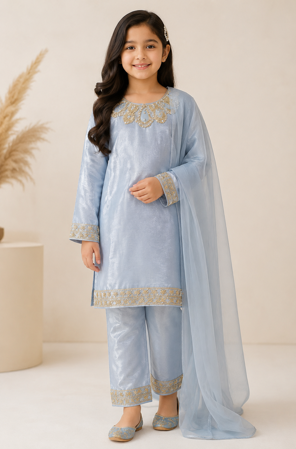 Little Sapphire – Powder Blue Premium Silk Kids 3PC Dress