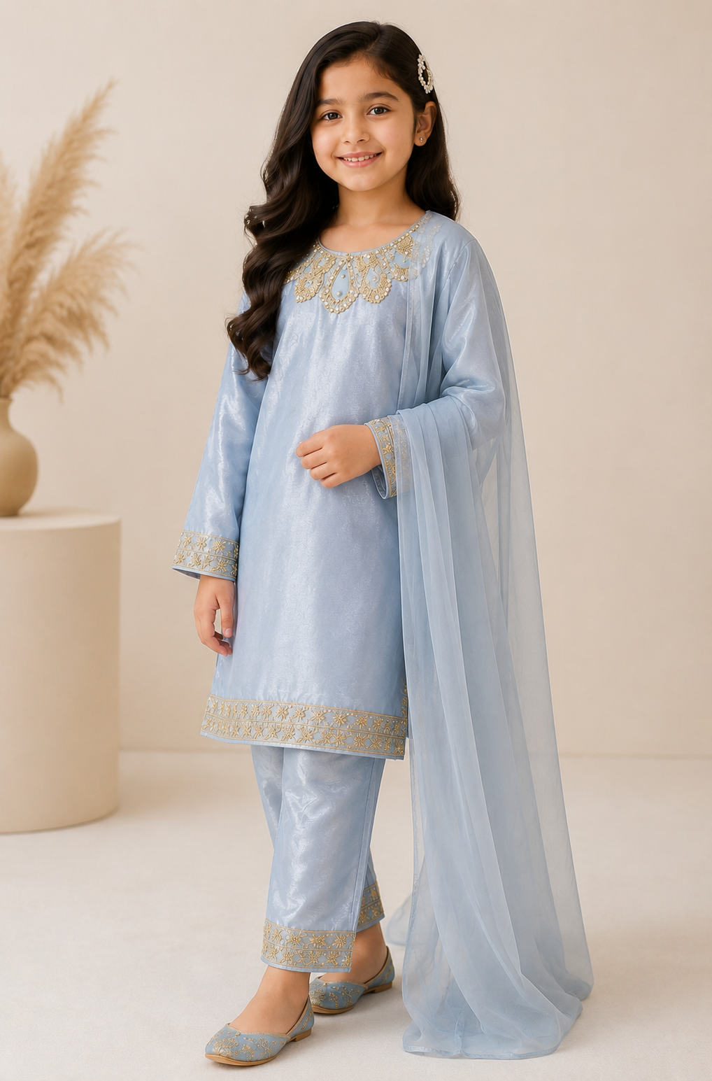 Little Sapphire – Powder Blue Premium Silk Kids 3PC Dress
