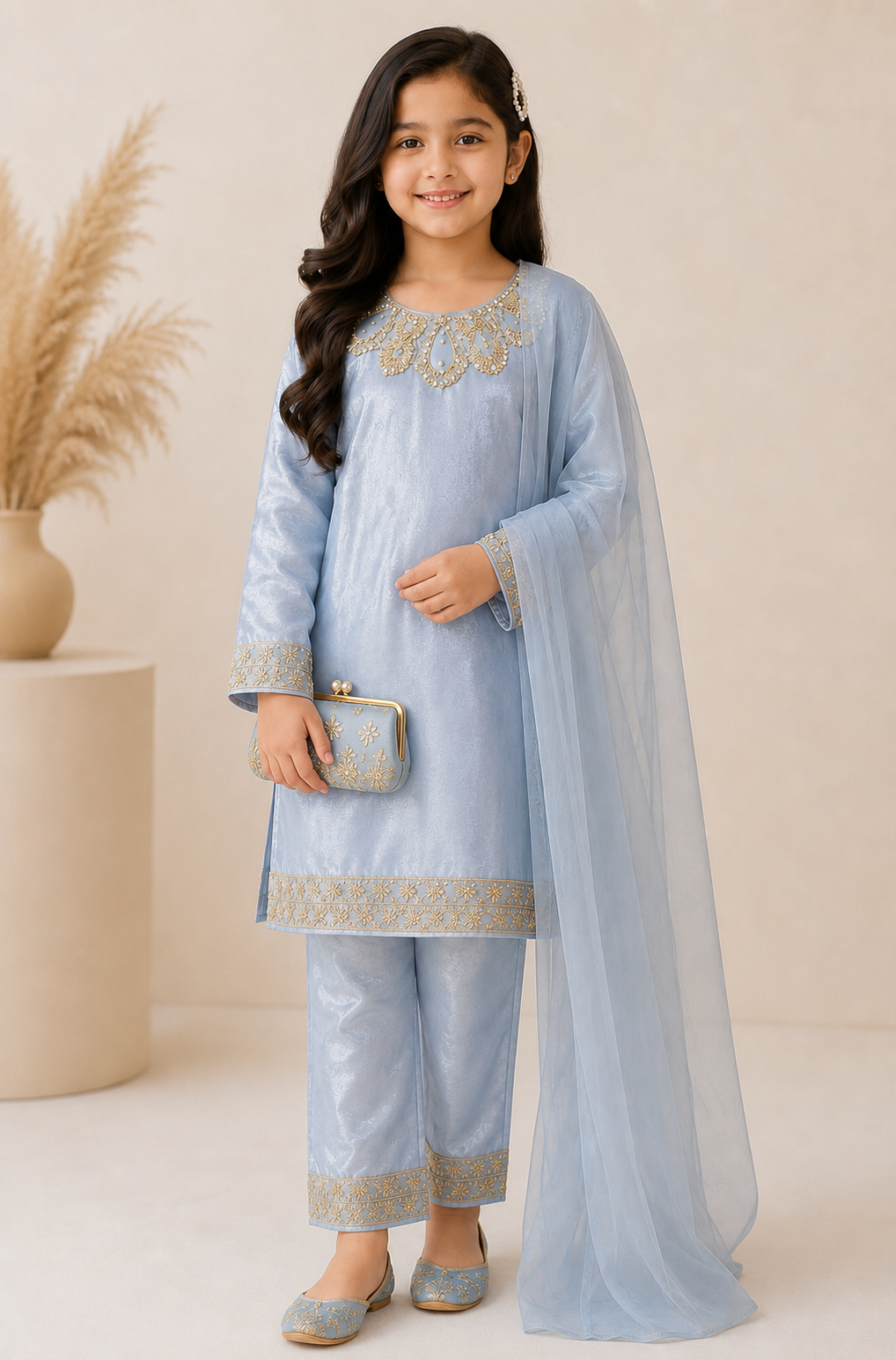 Little Sapphire – Powder Blue Premium Silk Kids 3PC Dress
