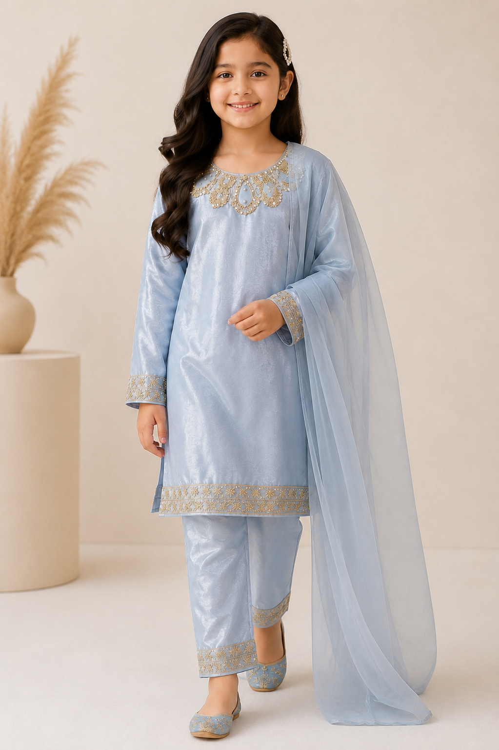 Little Sapphire – Powder Blue Premium Silk Kids 3PC Dress