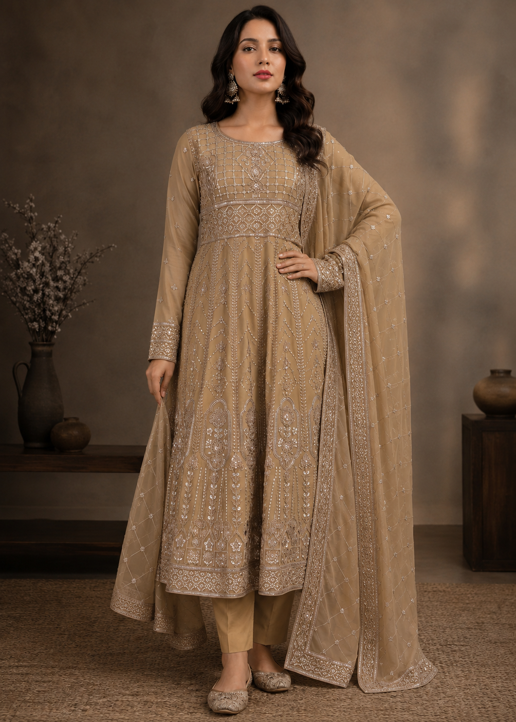 Desert Dusk – Camel Brown Luxury 3PC Maxi Dress