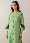 Lime Green Cotton Kurta Set with Striped Sleeves