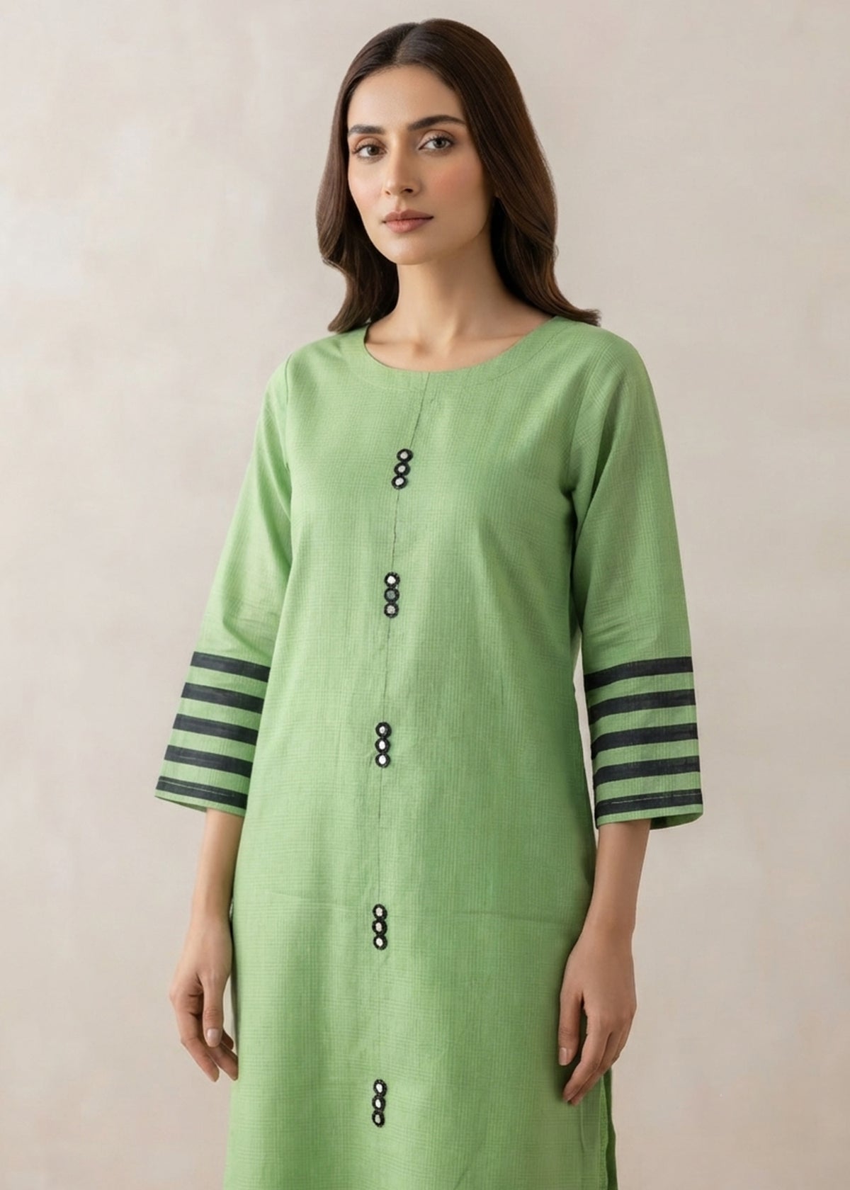 Lime Green Cotton Kurta Set with Striped Sleeves