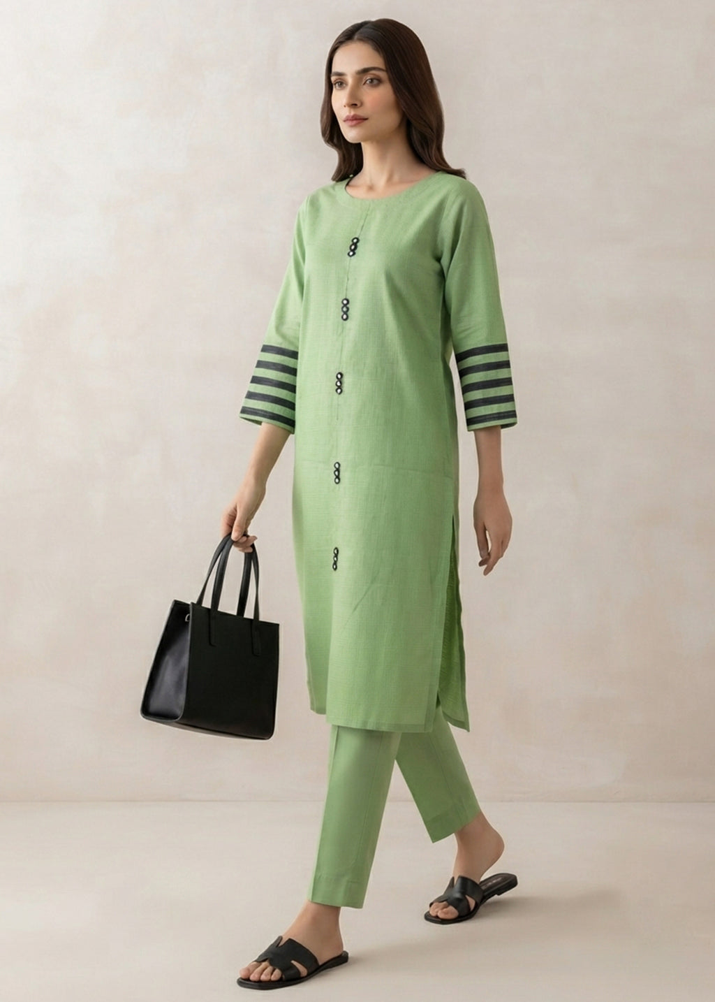 Lime Green Cotton Kurta Set with Striped Sleeves