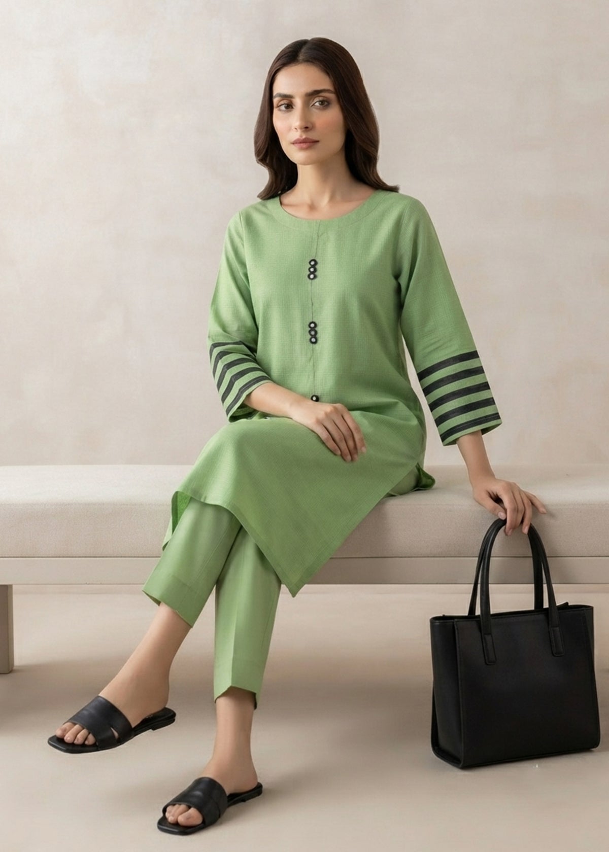 Lime Green Cotton Kurta Set with Striped Sleeves
