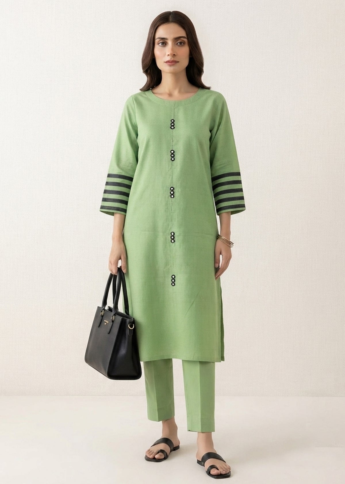 Lime Green Cotton Kurta Set with Striped Sleeves