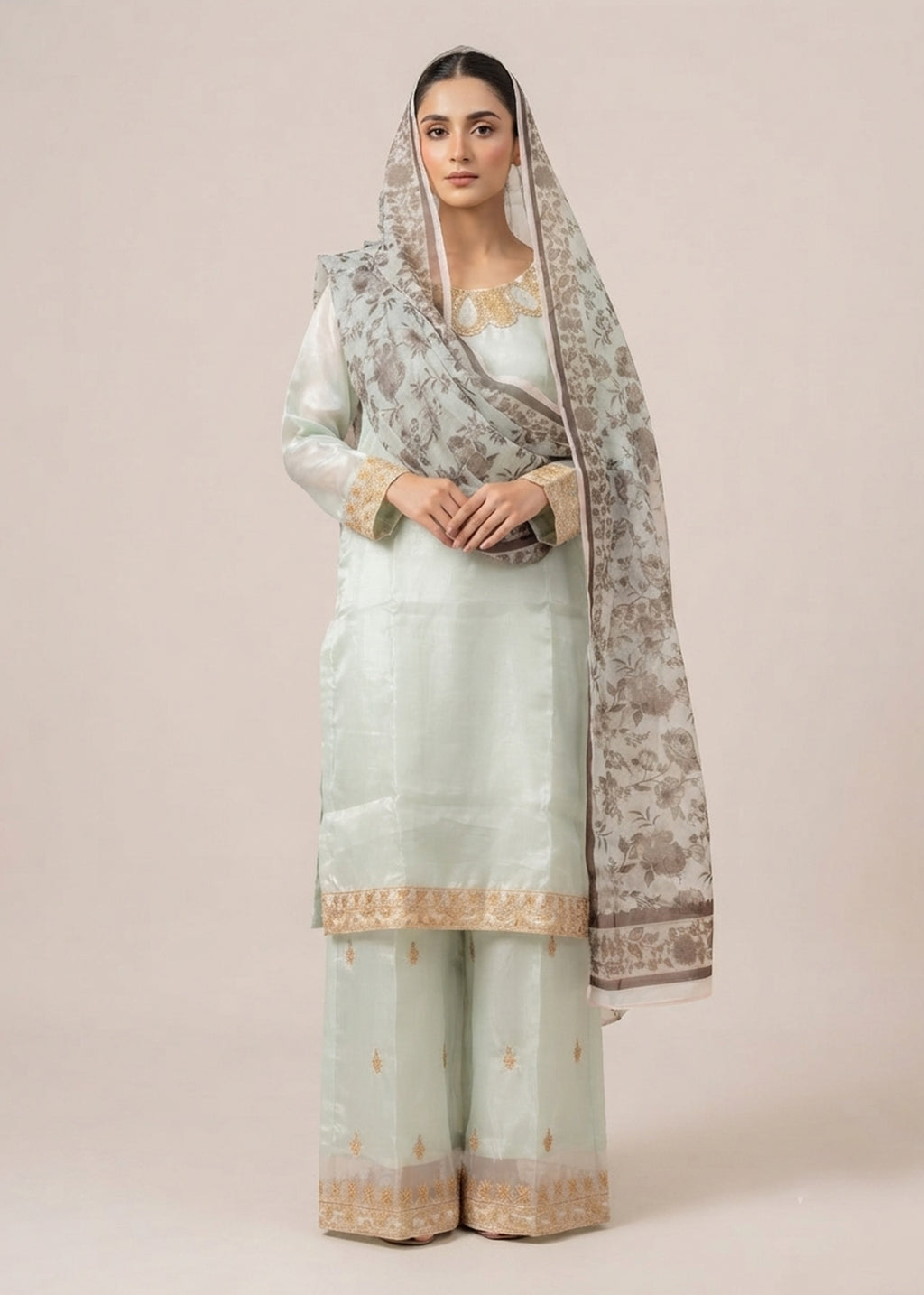 Pastel Grey Luxury Embroidered Silk 3PC Dress