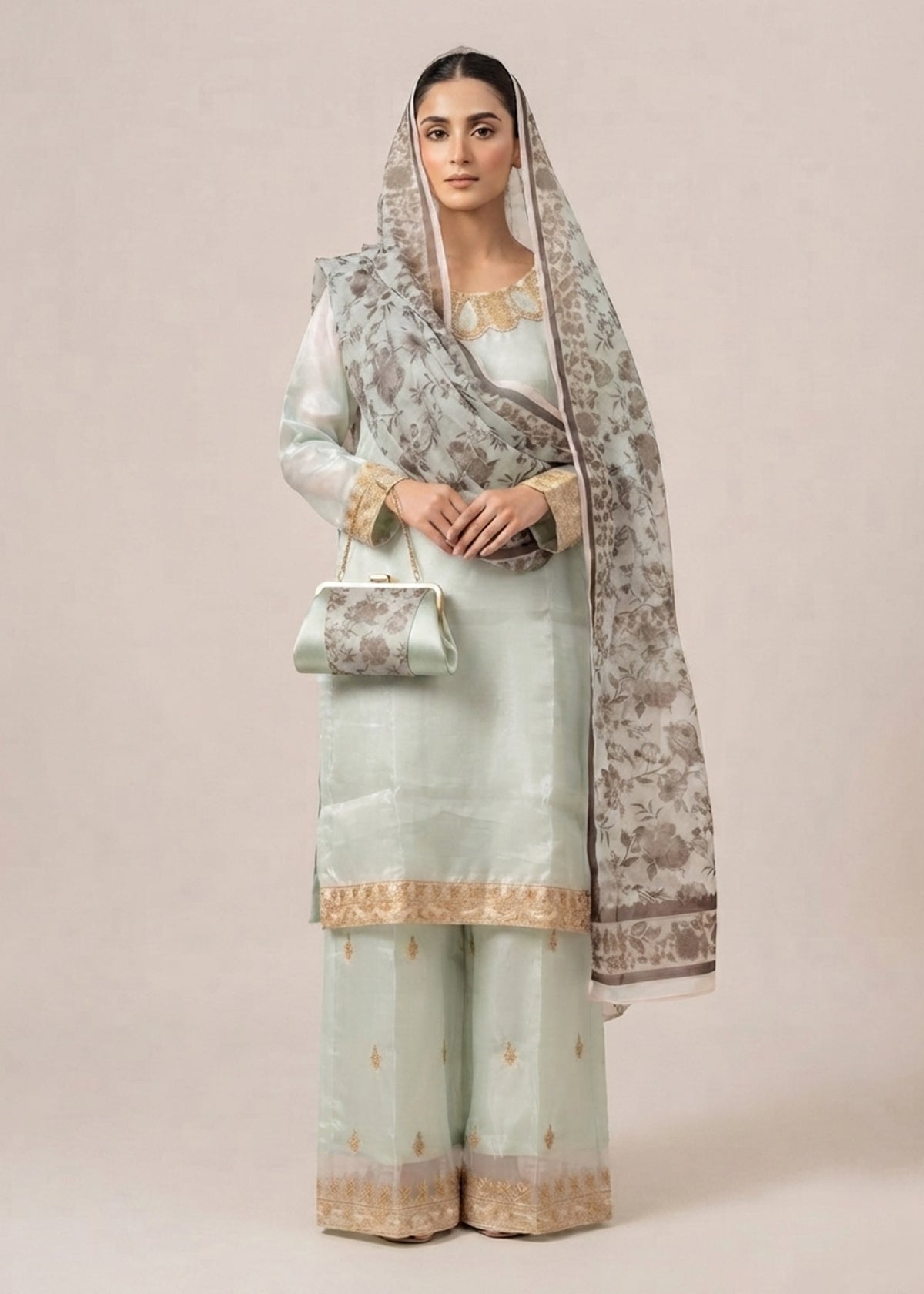 Pastel Grey Luxury Embroidered Silk 3PC Dress