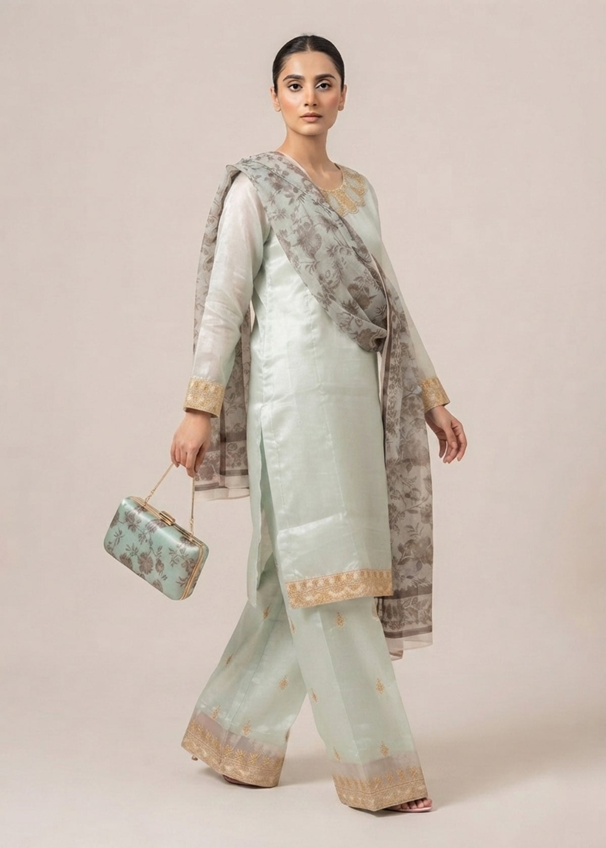 Pastel Grey Luxury Embroidered Silk 3PC Dress