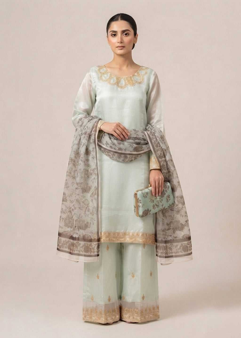 Pastel Grey Luxury Embroidered Silk 3PC Dress