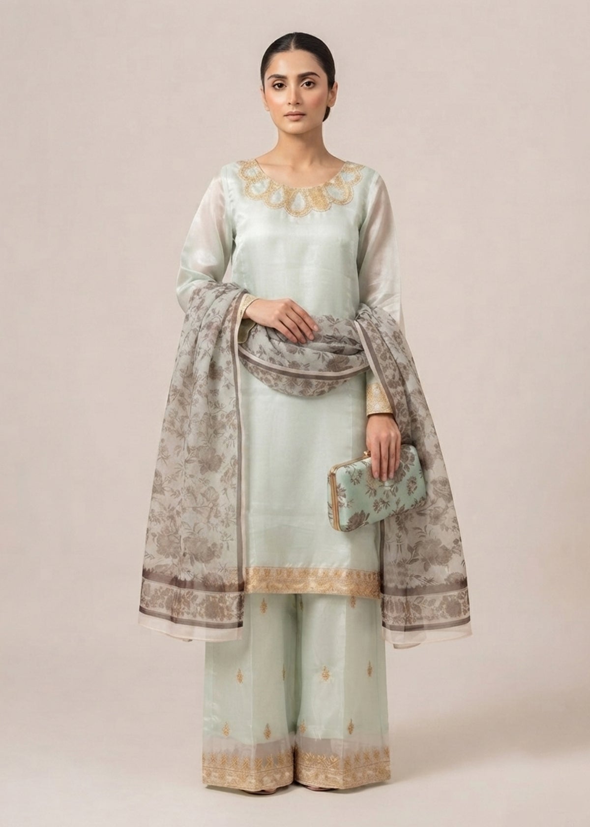Pastel Grey Luxury Embroidered Silk 3PC Dress