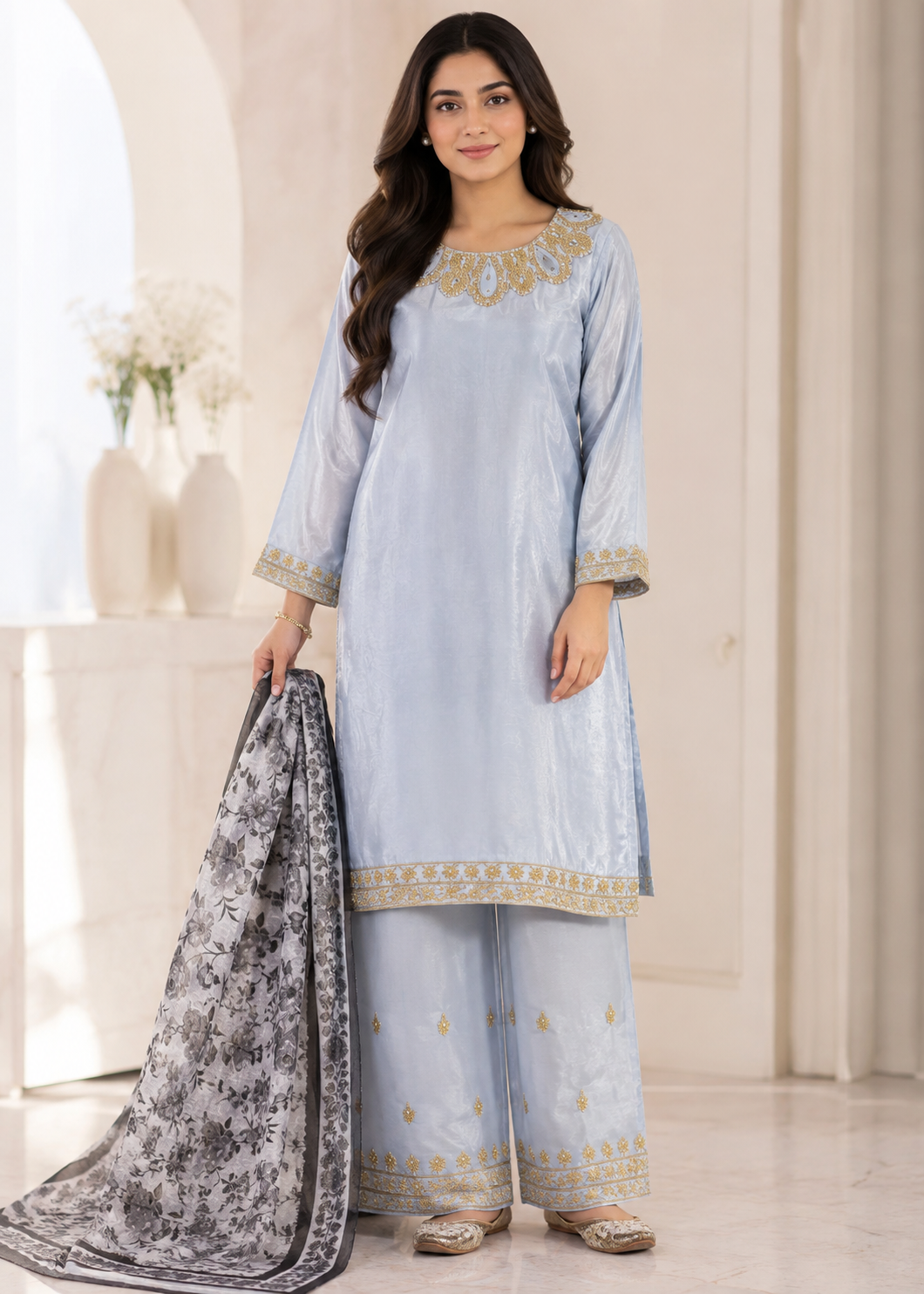 Blue Aura – Sky Blue Elegant Silk 3PC Dress with Printed Net Dupatta