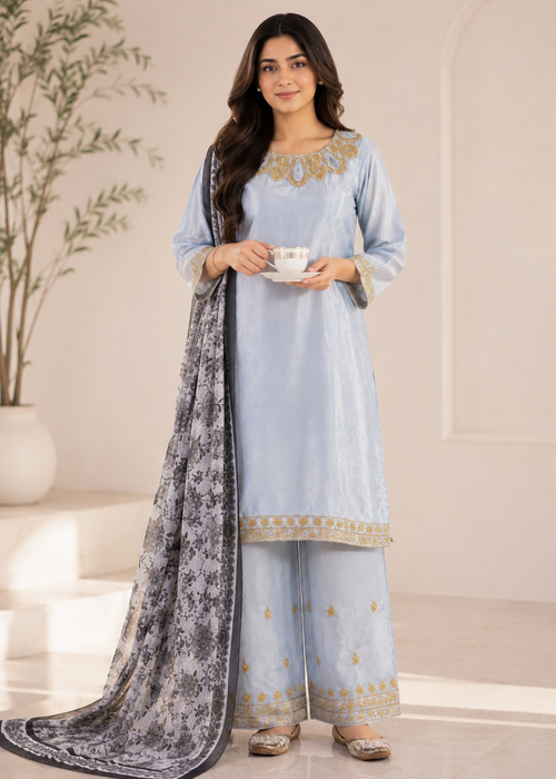 Blue Aura – Sky Blue Elegant Silk 3PC Dress with Printed Net Dupatta