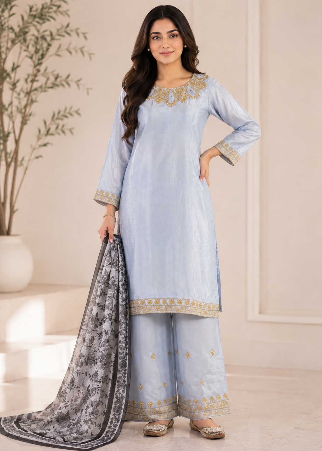 Blue Aura – Sky Blue Elegant Silk 3PC Dress with Printed Net Dupatta