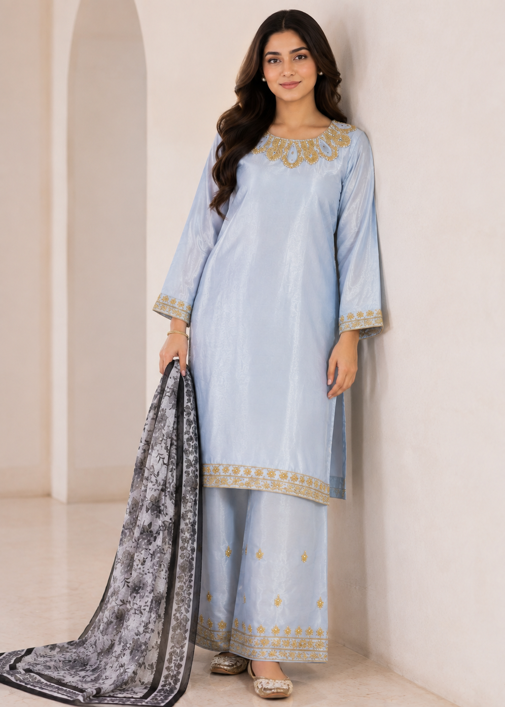 Blue Aura – Sky Blue Elegant Silk 3PC Dress with Printed Net Dupatta