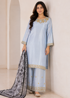 Blue Aura – Sky Blue Elegant Silk 3PC Dress with Printed Net Dupatta