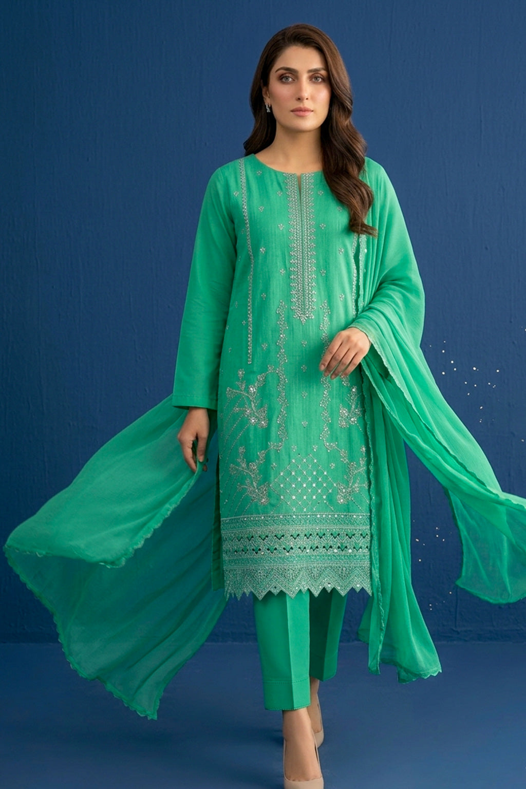 Mint / Emerald Green – Premium Unstitched Embroidered Lawn 3PC Dress with Lawn Dupatta