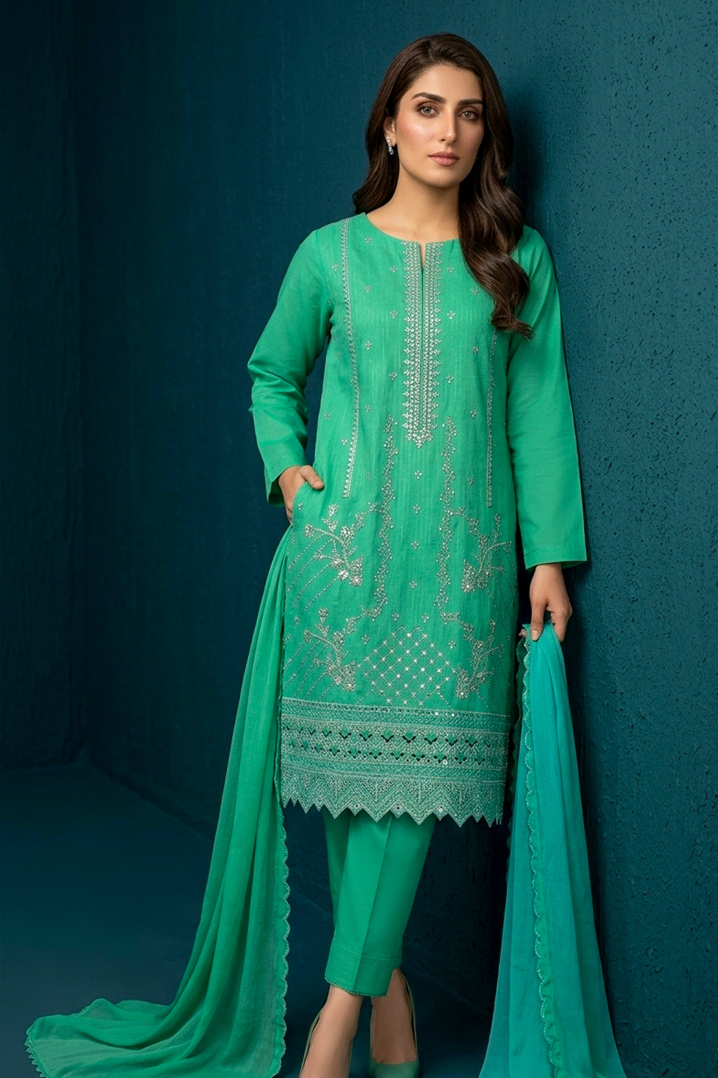 Mint / Emerald Green – Premium Unstitched Embroidered Lawn 3PC Dress with Lawn Dupatta
