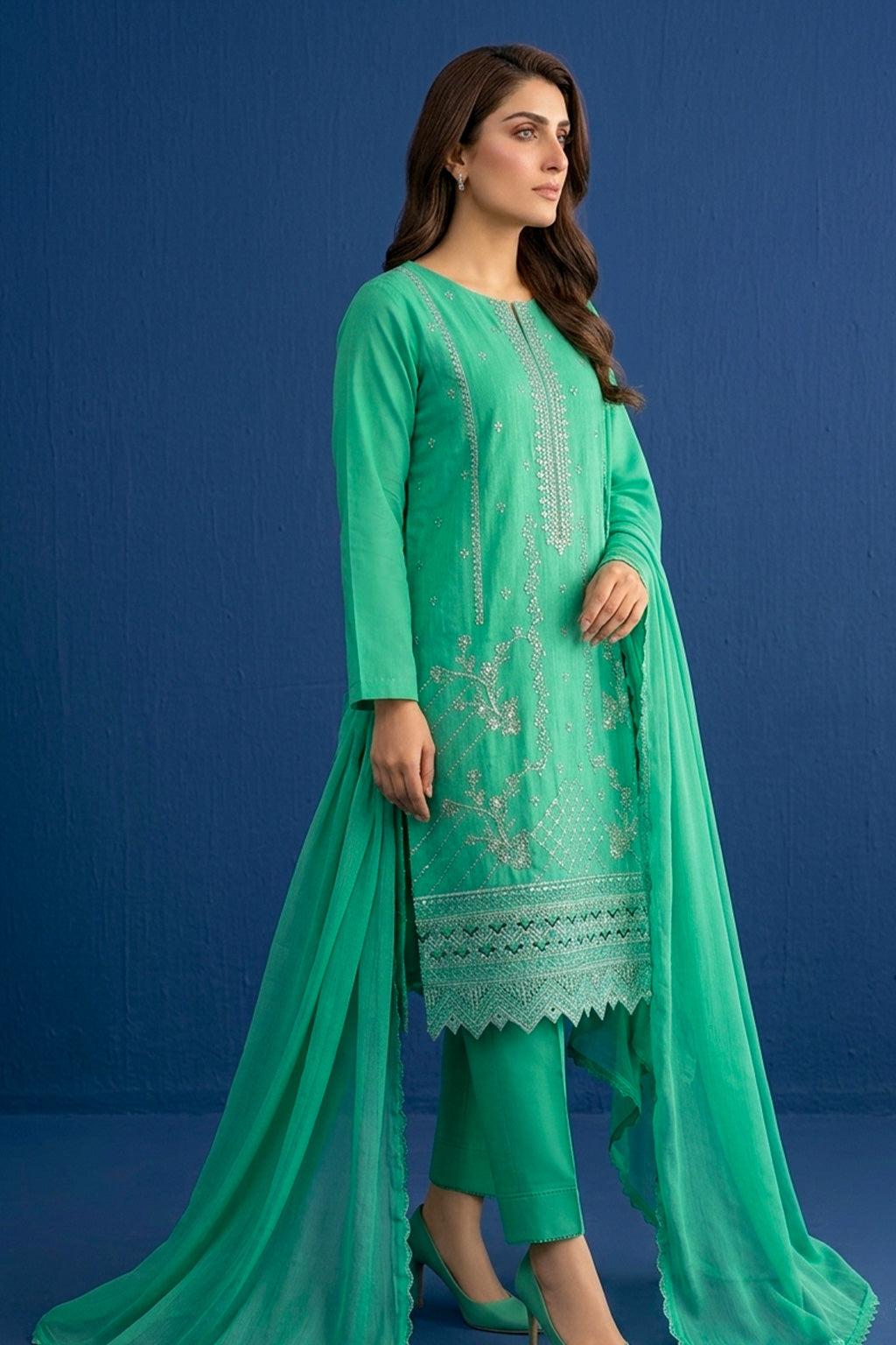Mint / Emerald Green – Premium Unstitched Embroidered Lawn 3PC Dress with Lawn Dupatta