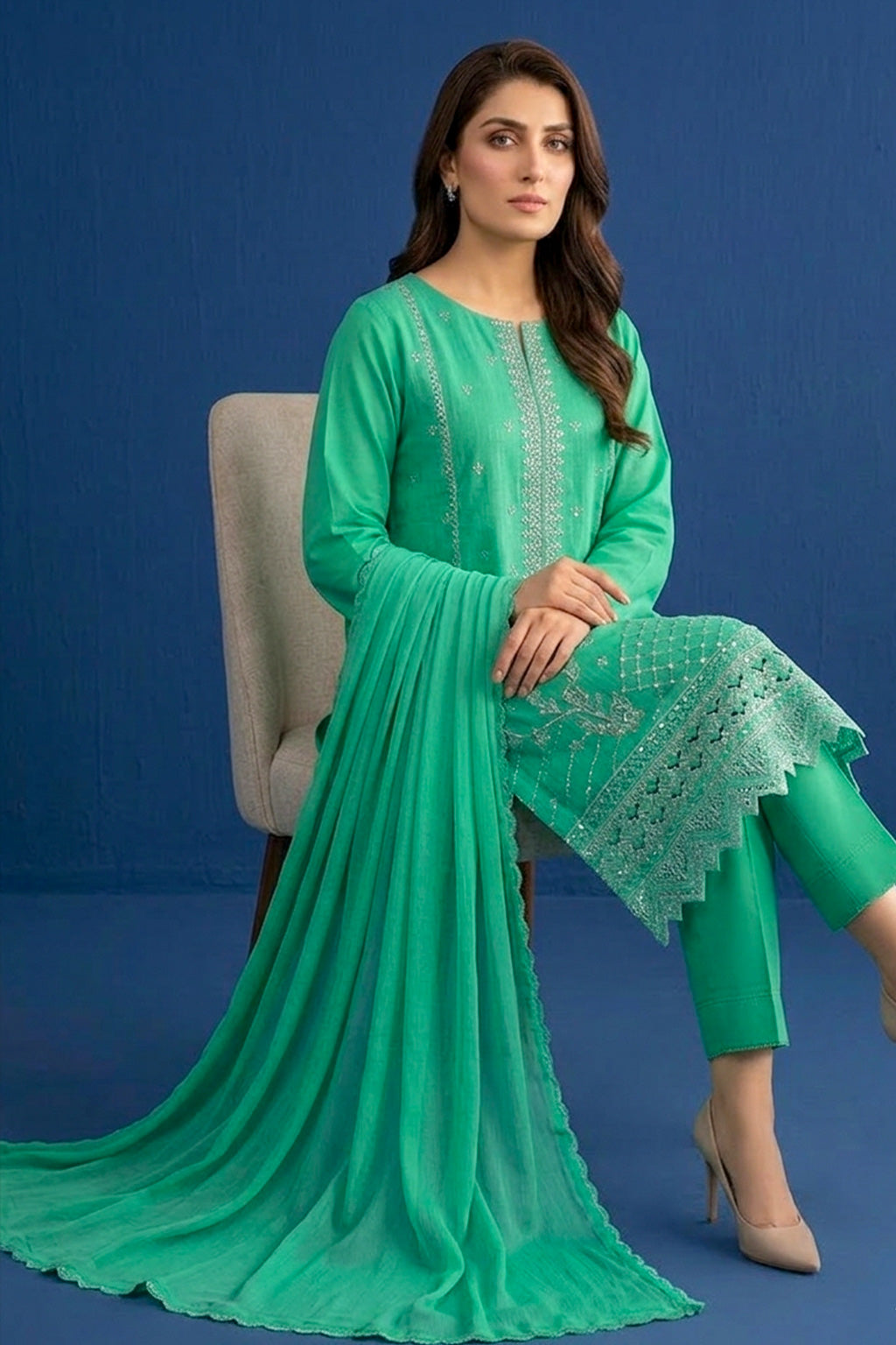 Mint / Emerald Green – Premium Unstitched Embroidered Lawn 3PC Dress with Lawn Dupatta