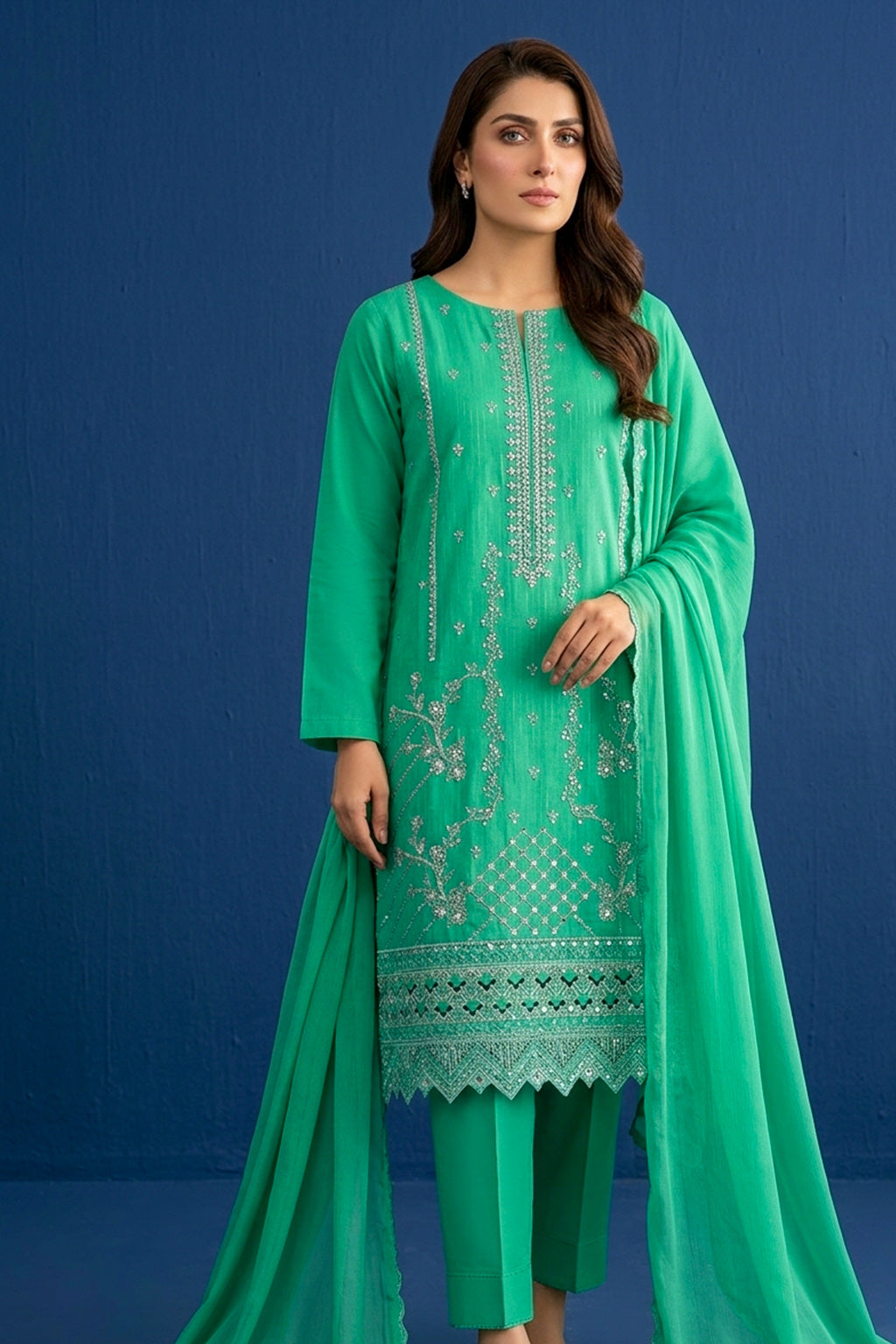 Mint / Emerald Green – Premium Unstitched Embroidered Lawn 3PC Dress with Lawn Dupatta