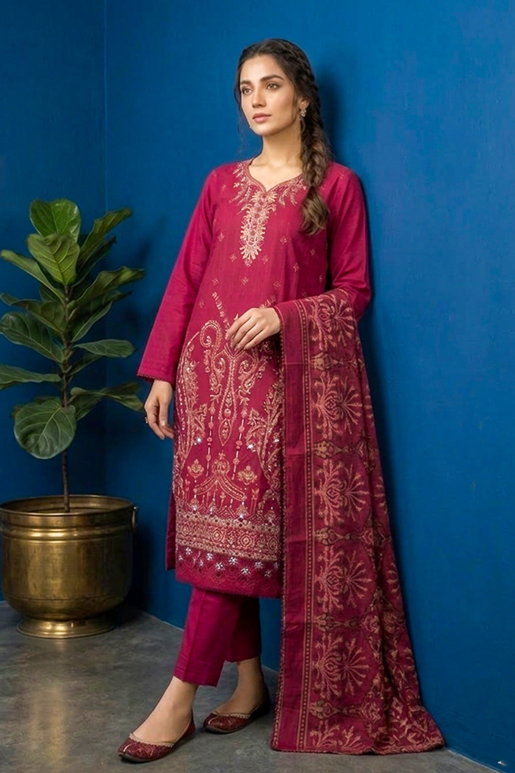 Deep Magenta – Premium Unstitched Embroidered Lawn 3PC Dress with Printed Dupatta