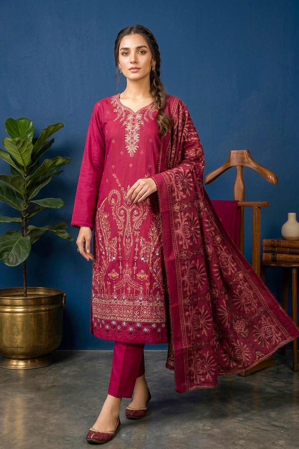 Deep Magenta – Premium Unstitched Embroidered Lawn 3PC Dress with Printed Dupatta