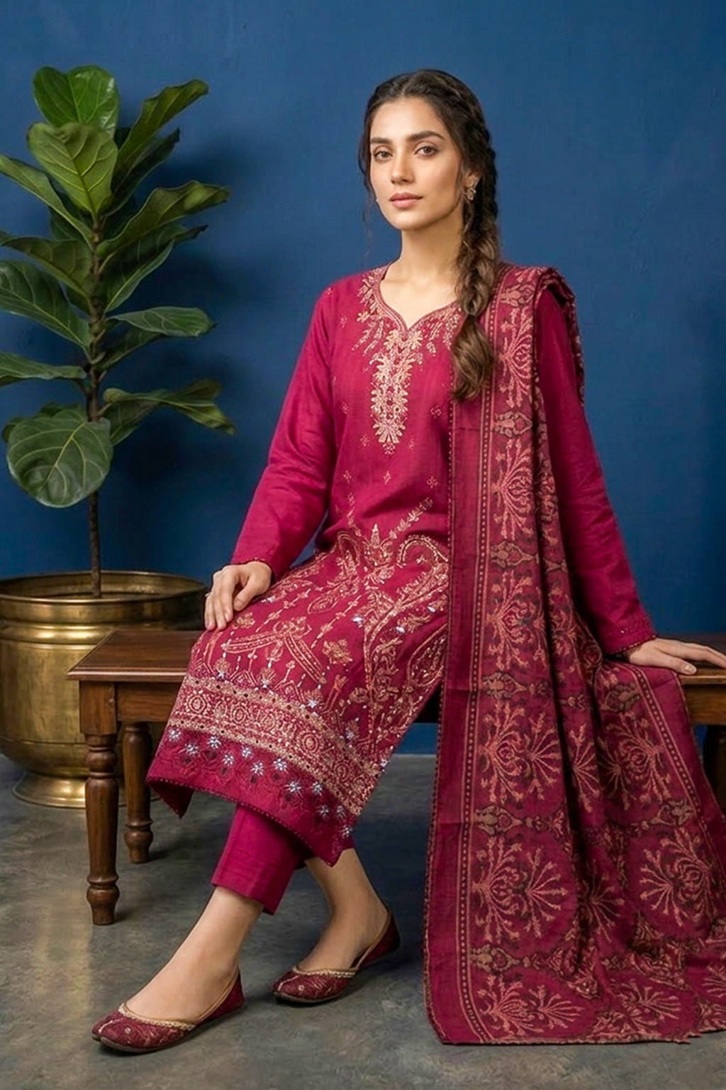 Deep Magenta – Premium Unstitched Embroidered Lawn 3PC Dress with Printed Dupatta