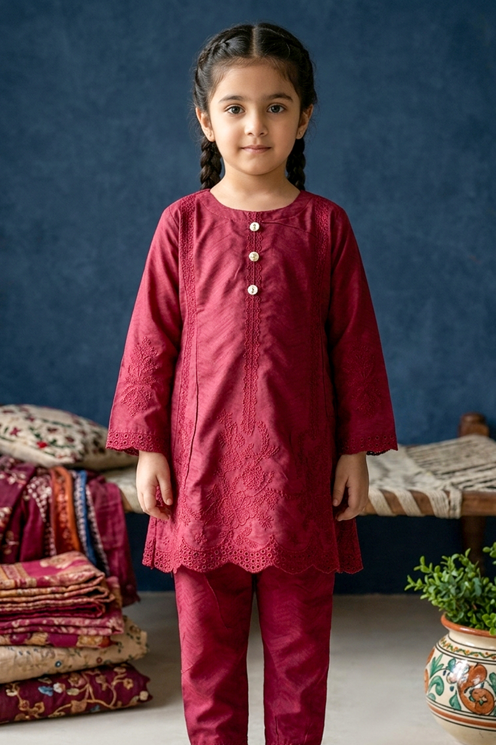 Deep Burgundy / Wine Embroidered Cotton Jacquard Short Kurta for Girls