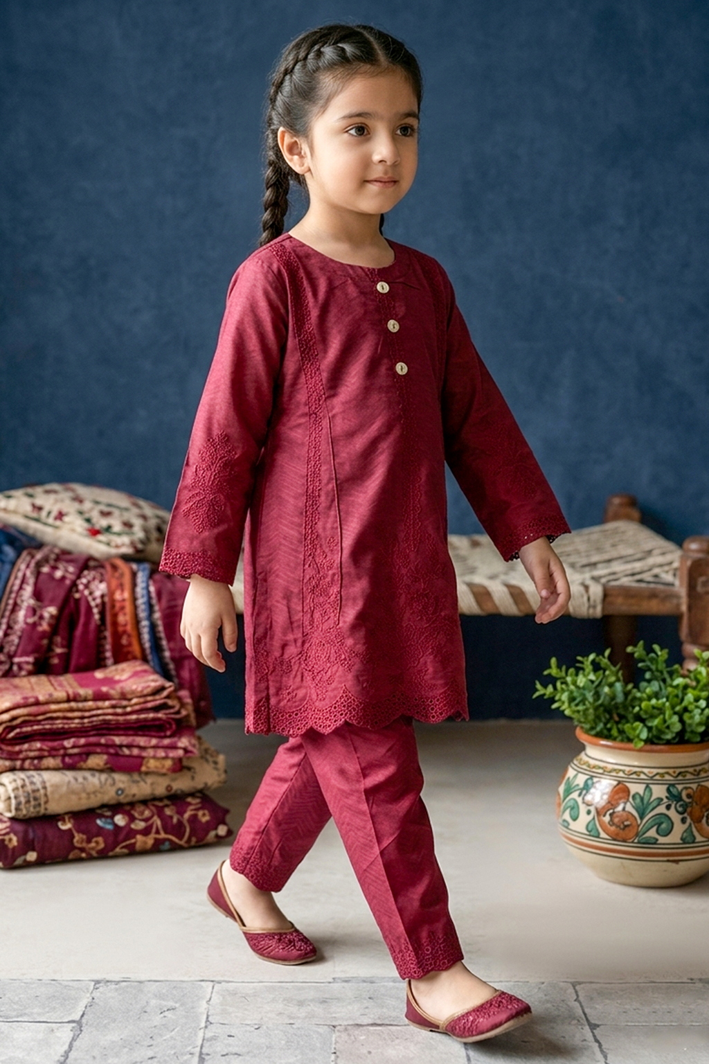 Deep Burgundy / Wine Embroidered Cotton Jacquard Short Kurta for Girls