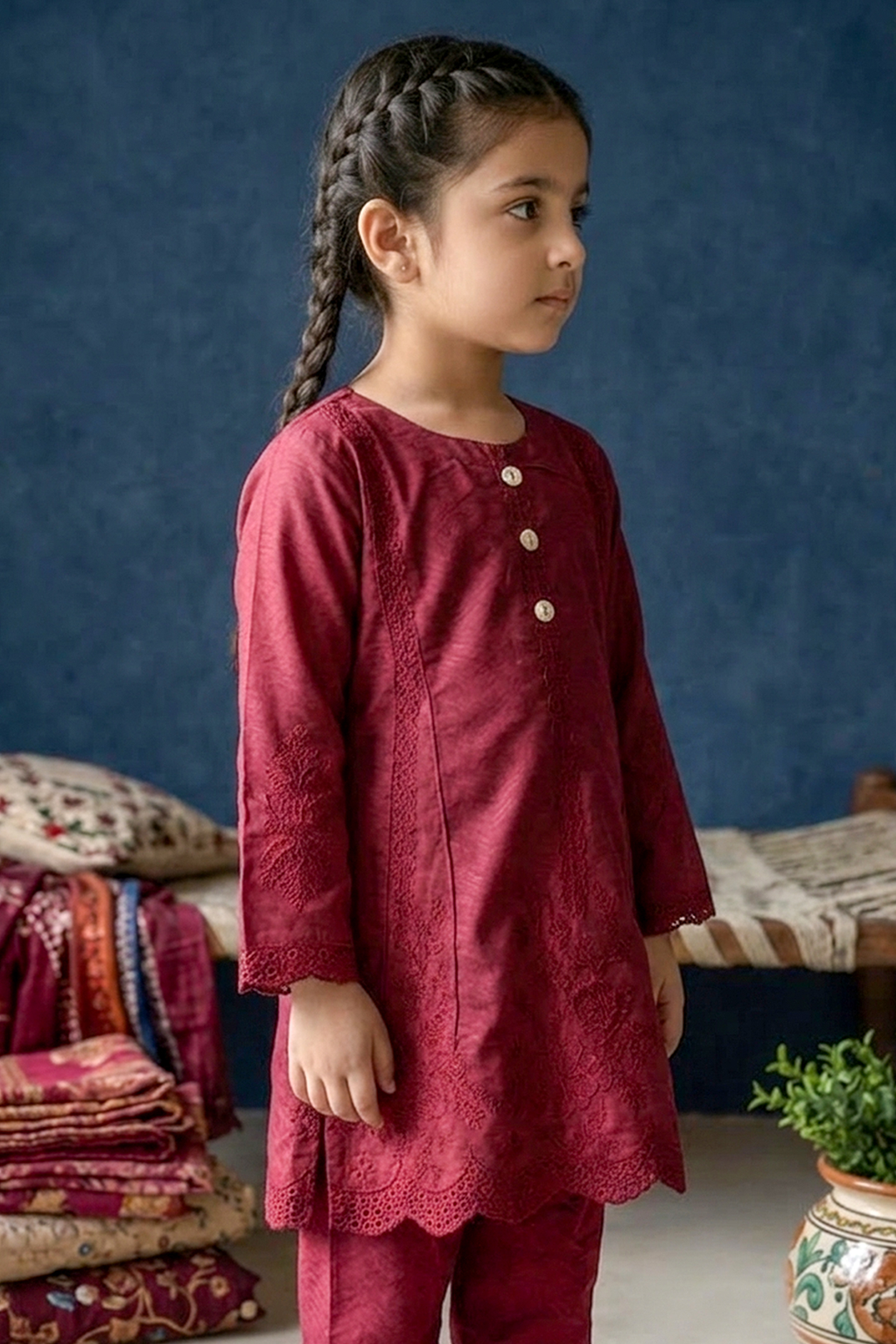 Deep Burgundy / Wine Embroidered Cotton Jacquard Short Kurta for Girls