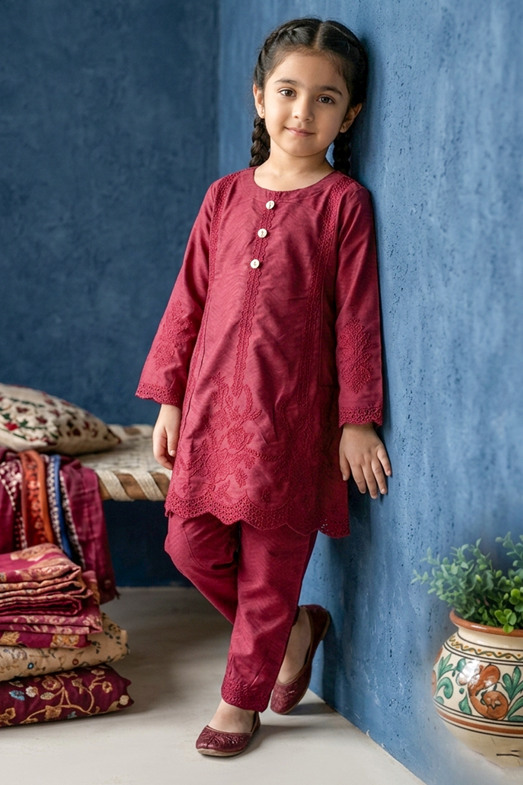 Deep Burgundy / Wine Embroidered Cotton Jacquard Short Kurta for Girls