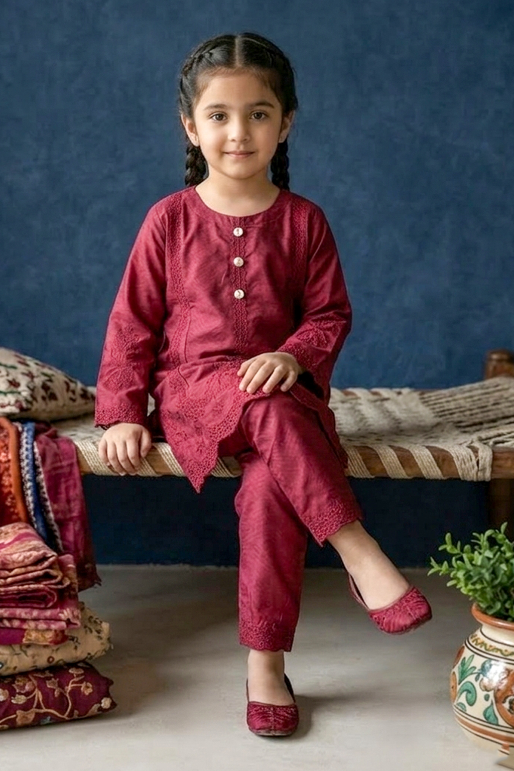 Deep Burgundy / Wine Embroidered Cotton Jacquard Short Kurta for Girls