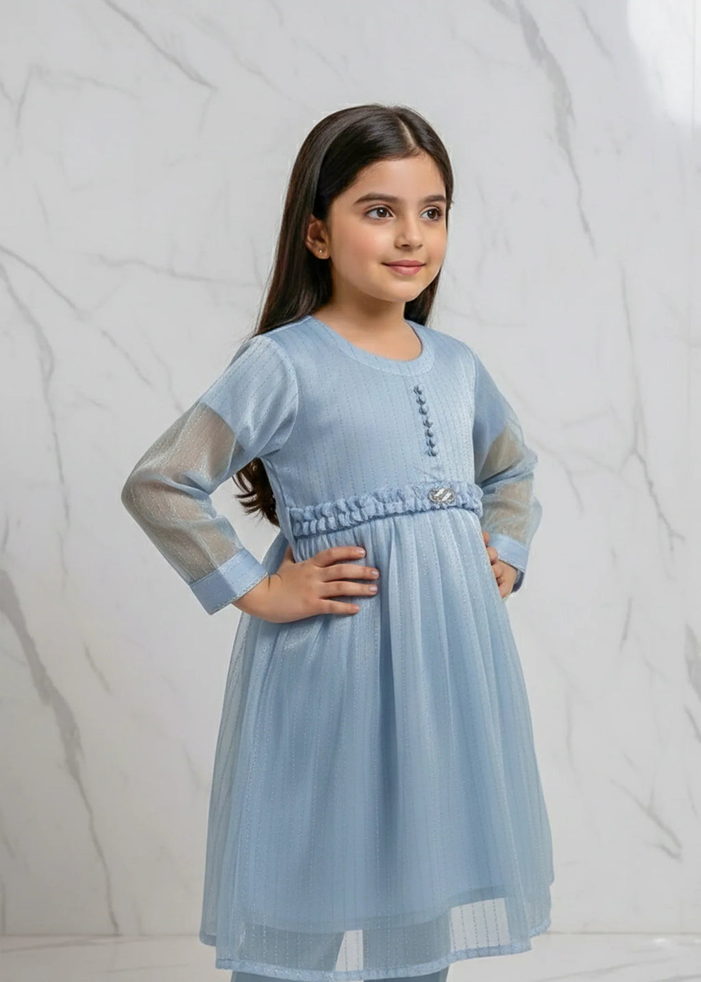 Embellished Powder Blue Sheesha Silk Short Frock