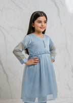 Embellished Powder Blue Sheesha Silk Short Frock