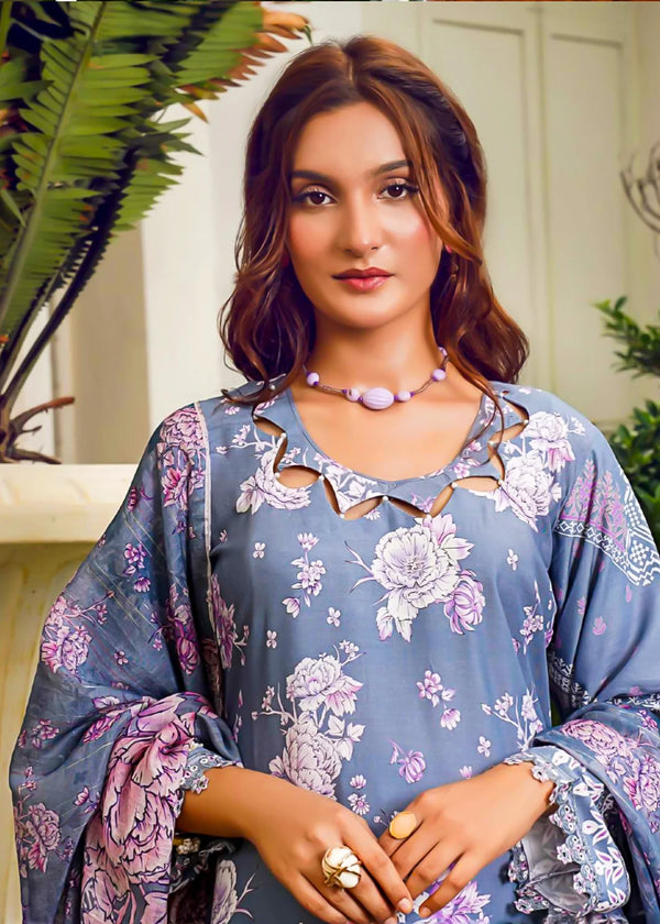 Purple Ash Embroidered Linen 3 PC Dress