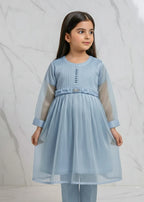 Embellished Powder Blue Sheesha Silk Short Frock