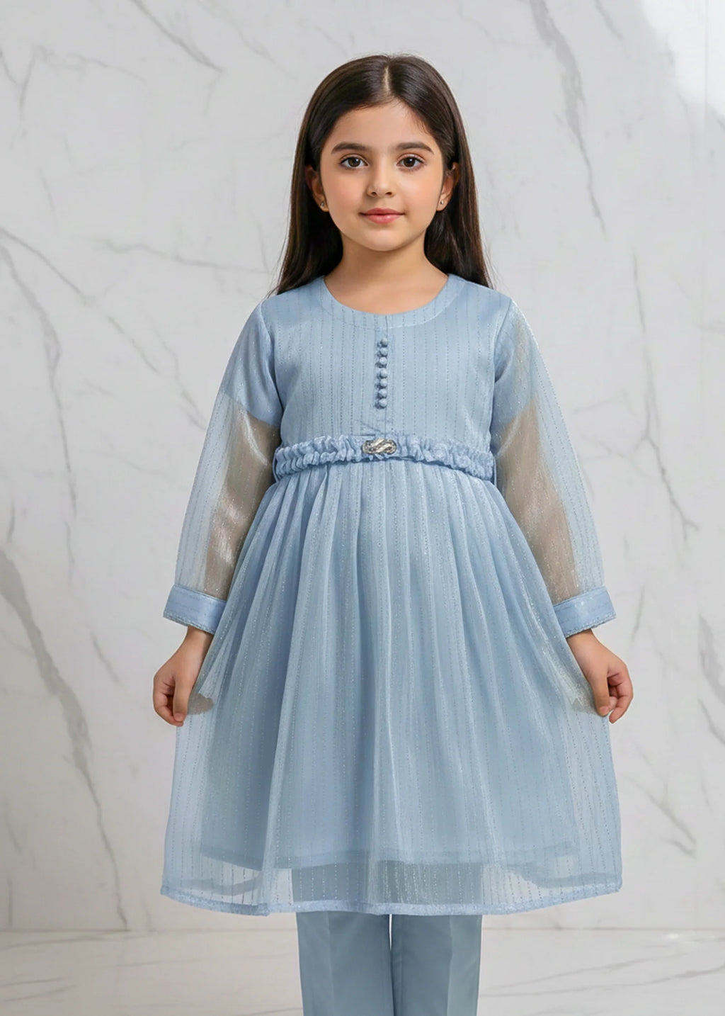 Embellished Powder Blue Sheesha Silk Short Frock