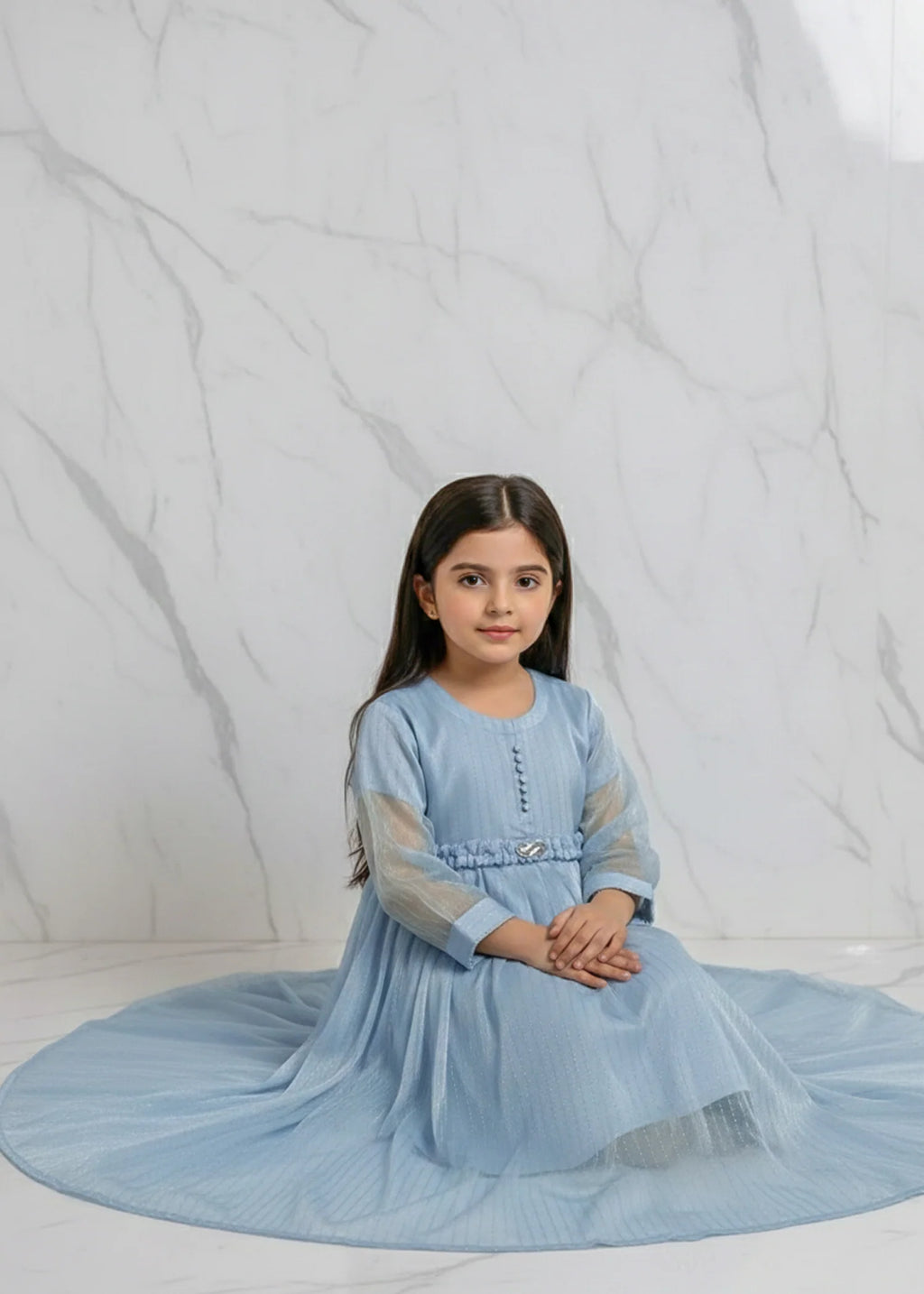 Embellished Powder Blue Sheesha Silk Short Frock