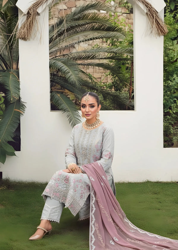 Luxury Pastel Grey Organza Embroidered 3 PC