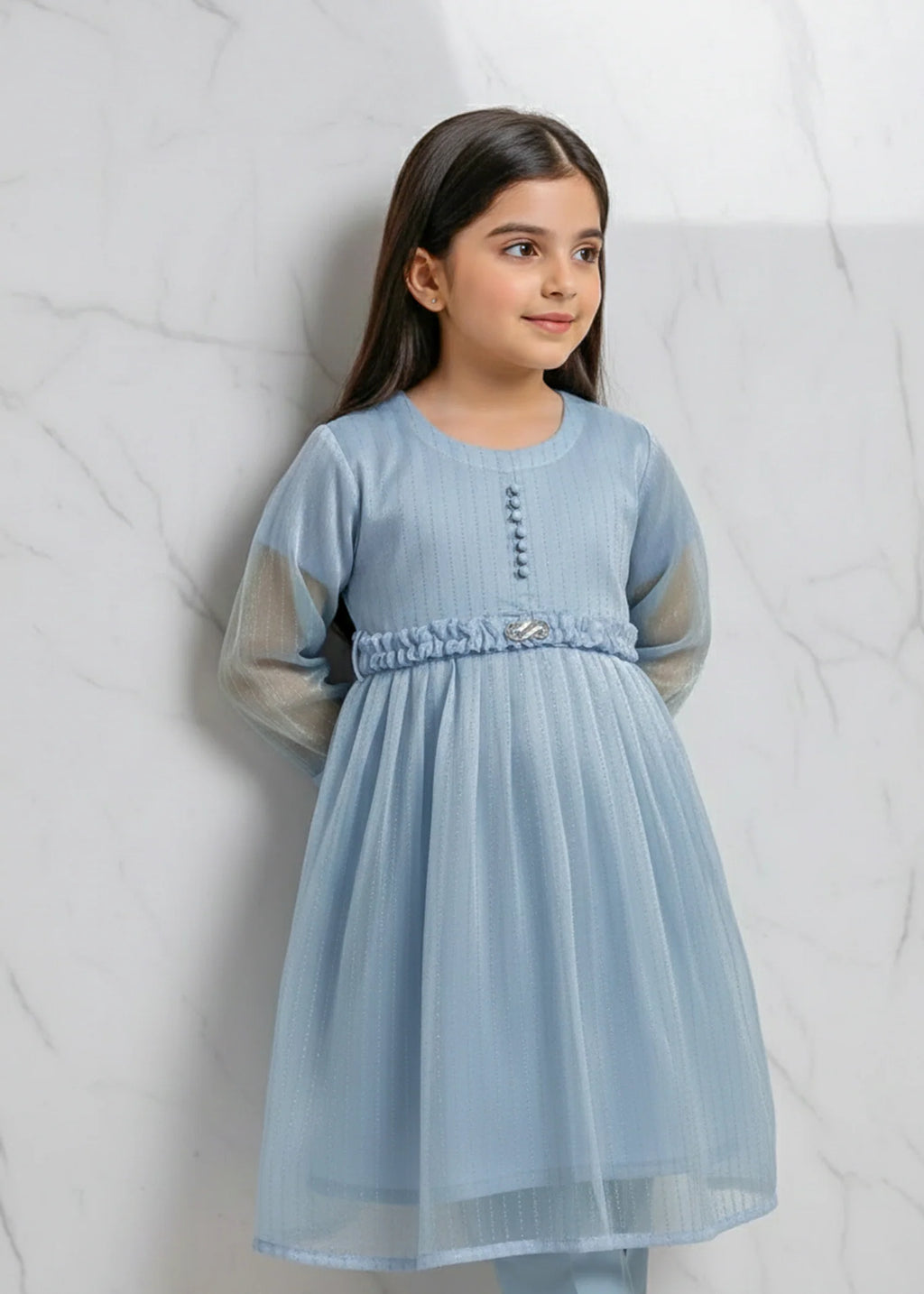 Embellished Powder Blue Sheesha Silk Short Frock
