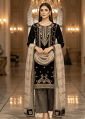 Black Luxe Embroidered Velvet 3-Pc Set with Net Dupatta & Jamawar Shalwar