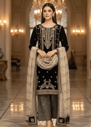 Black Luxe Embroidered Velvet 3-Pc Set with Net Dupatta & Jamawar Shalwar