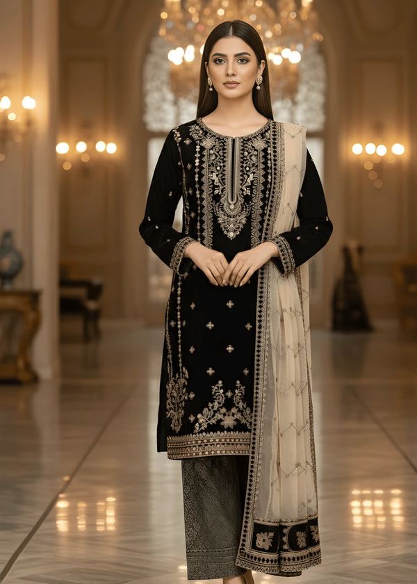 Black Luxe Embroidered Velvet 3-Pc Set with Net Dupatta & Jamawar Shalwar