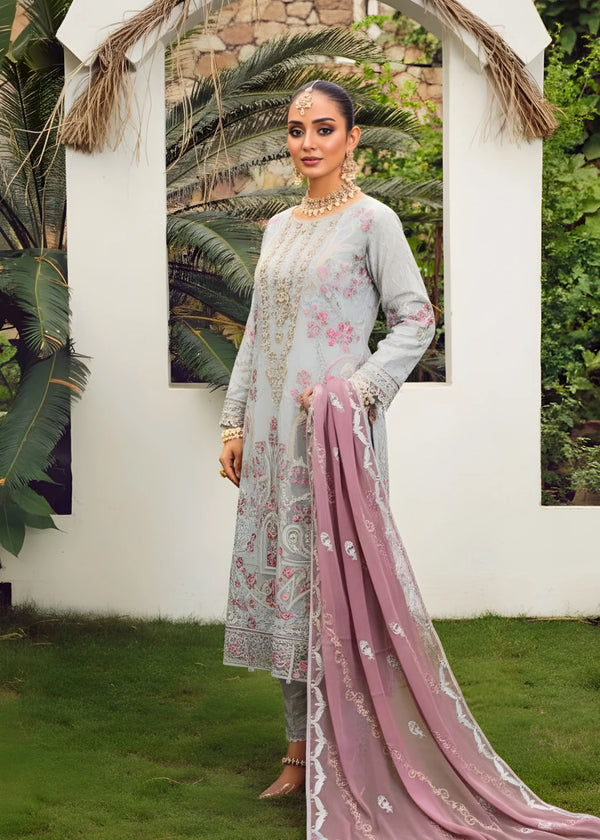 Luxury Pastel Grey Organza Embroidered 3 PC